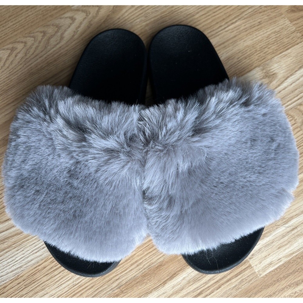Women's Gray Faux Mink Slip-On Slide Slippers - Size 11/12 NWOT